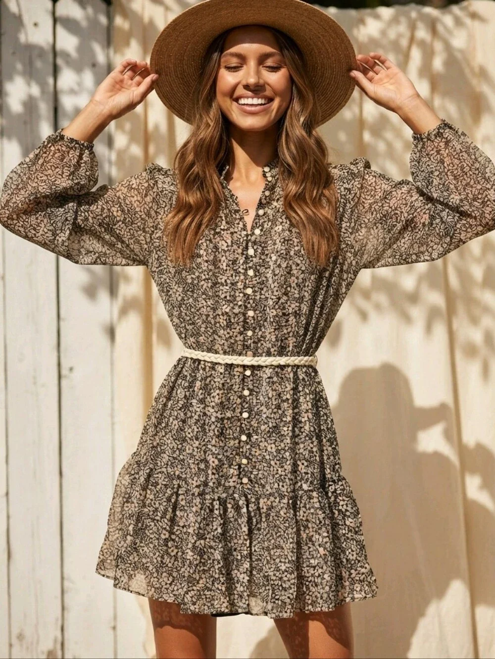Olivaceous Womens Small Floral Mini Dress NWT Button Front Long Sleeve Belted